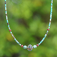 Multi-gemstone beaded pendant necklace, 'Global Blue' - Blue and Green Multi-Gemstone Beaded Brass Pendant Necklace