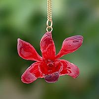Gold accented natural orchid pendant necklace, 'Starry Flower' - Gold Accented Red-Purple Natural Orchid Pendant Necklace
