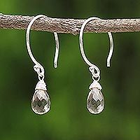 Smoky quartz dangle earrings, 'Smoky Teardrop' - Sterling Silver and Smoky Quartz Dangle Earrings