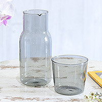 Handblown carafe set, 'Misty Elixir' - Handblown Clear Black Pitcher and Rocks Glass Set
