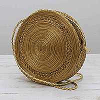 Golden grass sling, 'Golden Dame' - Golden Grass Sling with Faux Leather Strap and Golden Zipper