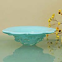 Hand blown art glass centerpiece, 'Ruffled Blue Basket' - Brazil Hand Blown Atlantic Blue Art Glass Centerpiece