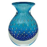 Art glass vase, 'Ocean Inspiration' - Artisan Crafted Murano Inspired Blown Art Glass Vase in Blue
