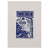 'Country Courtship' - Young Lovers Blue and White Brazilian Woodcut Print