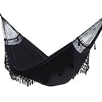 Reversible cotton hammock, 'Ipanema Midnight' (double) - Black Cotton Double Hammock Crafted in Brazil