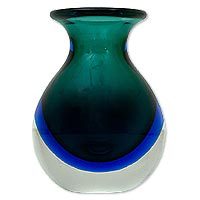 Art glass vase, 'Ocean Waves' - Brazilian Hand Blown Murano Inspired Art Glass Vase