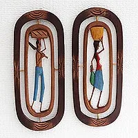 Wood relief panels, 'Northeastern Workers I' (pair) - Handmade Wood Relief Panels of Brazilian Workers