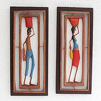 Wood relief panels, 'Northeastern II' (pair) - Hand-Carved Wood Relief Panels of Workers from Brazil (Pair)