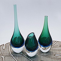 Handblown art glass vase, 'Wave's Tear' - Blue-Green Murano-Inspired Art Glass Decorative Vase