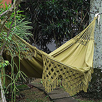 Cotton hammock, 'Olive Eden' (single) - Loomed Olive Cotton Hammock with Crocheted Details (Single)