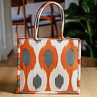 Cotton handle bag, 'Orange Universes' (large) - Handcrafted Orange and Blue Ikat Cotton Handle Bag (Large)