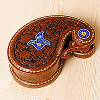 Wood puzzle box, 'Paisley & Magic' - Paisley-Shaped Walnut Wood Puzzle Box in Blue and Brown