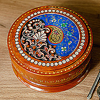 Wood jewelry box, 'Blue Paisley Glory' - Handcrafted Paisley Round Walnut Wood Jewelry Box in Blue