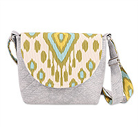 Cotton blend ikat sling bag, 'Harmonious Winds' - Adjustable Grey and Green Cotton Blend Ikat Sling Bag