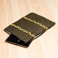 Handwoven cotton laptop case, 'Modern Road' (large) - Yellow and Green Cotton and Paper Laptop Case (Large)