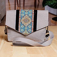 Tarp shoulder bag, 'The Celestial Day' - Handcrafted Grey and Blue Cotton and Tarp Shoulder Bag