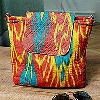 Ikat quilted backpack, 'Color Spectacle' - Ikat Quilted Adras Fabric Backpack Made in Uzbekistan