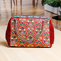 Embroidered cotton handbag, 'Red Gardens of Shahrisabz' - Floral Geometric Iroki Embroidered Red Cotton Handbag