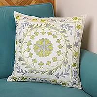 Embroidered Suzani cushion cover, 'Divine Eden' - Suzani Embroidered Golden and Silver Cotton Pillow Sham