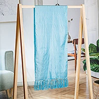Silk scarf, 'The Blue Dame' - Handwoven Soft Blue 100% Silk Scarf with Fringes