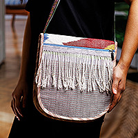 Cotton ikat sling, 'Serene Vitality' - Handcrafted Cotton Sling with Fringes and in Red Hues