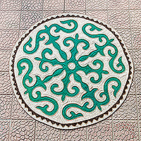 Wool rug, 'Realm Soul' (5 feet diameter) - Turquoise and White Round Shyrdak Wool Rug (5 Feet Diameter)