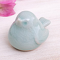 Celadon ceramic figurine, 'Sweet Robin' - Artisan Crafted Celadon Bird Figurine
