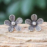 Sterling silver button earrings, 'Striped Flowers' - Hand Crafted Sterling Silver Floral Button Earrings