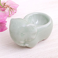 Celadon ceramic pinch cup, 'Breakfast with Elephants' - Aqua Celadon Ceramic Egg Cup Pinch Bowl