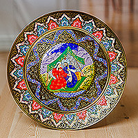 Brass wall art, 'Romance in Bukhara' - Traditional Romantic Hand-Painted Round Brass Wall Art