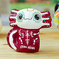 Ceramic alebrije sculpture, 'Adorable Axolotl' - Hand-Painted Ceramic Alebrije Axolotl Sculpture in Burgundy