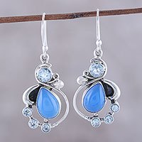 Blue topaz and chalcedony dangle earrings, 'Elegant Dew' - Blue Topaz and Chalcedony Dangle Earrings from India