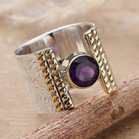 Amethyst single stone ring, 'Distinguished Purple' - Floral-Patterned 1-Carat Faceted Amethyst Single Stone Ring