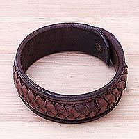 Leather wristband bracelet, 'Weaver's Life' - Handcrafted Woven Leather Wristband Bracelet from Thailand