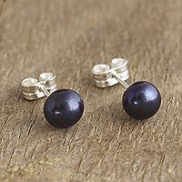Cultured pearl stud earrings, 'Perfectly Dark' - Artisan Crafted Dark Grey Cultured Pearl Studs