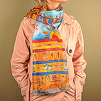Hand-painted silk scarf, 'Erebuni Heritage' - Traditional Hand-Painted Silk Scarf in a Colorful Palette