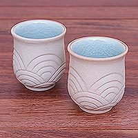 Celadon ceramic cups, 'Gentle Waves' (pair) - Hand Made Celadon Ceramic Cups from Thailand (Pair)