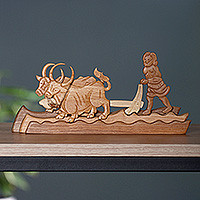 Wood sculpture, 'Tillage' - Folk Art Handmade Man and Oxen Wood Sculpture from Armenia