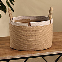 Cotton rope basket, 'Modern Caprice' - Modern Beige and White Cotton Blend Basket Woven in Armenia