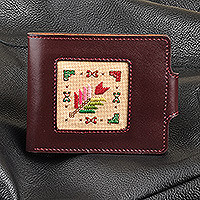 Leather wallet, 'Frugal Tradition in Brown' - Brown Leather Wallet with Floral Cross-Stitch Textile Accent