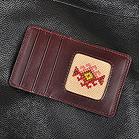Embroidered leather card holder, 'Armenian Flair' - Leather Card Holder with Armenian Hand-Embroidered Motif