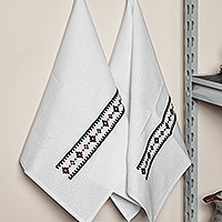 Cotton tea towels, 'Burgundy Paths' (pair) - Geometric Green and Burgundy Cotton Tea Towels (Pair)