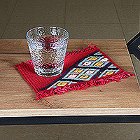 Hand-embroidered cotton coasters, 'Embellished Red' (pair) - 2 Red Cotton Coasters with Hand-Embroidered Geometric Motif