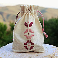 Embroidered cotton pouch, 'Armenian Rose' - Embroidered Cotton Pouch from Armenia