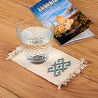 Hand-embroidered cotton coasters, 'Traditions in Ivory' - 2 Handwoven Ivory Cotton Coasters with Wool Hand Embroidery