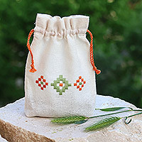 Cotton pouches, 'Spring Mist' (pair) - Set of 2 Embroidered Cotton Pouches from Armenia