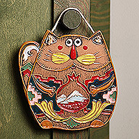 Ceramic wall art, 'Traveler Cat' - Handcrafted Whimsical Cat-Shaped Ceramic Wall Art