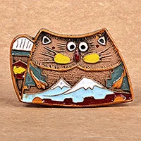 Ceramic magnet, 'Mountain Kitties' - Armenian Hand-Painted Cat and Mount Ararat Ceramic Magnet
