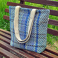 Wool tote bag, 'Delightful Blue' - Blue and White Striped Wool Tote Bag Hand-Woven in Armenia