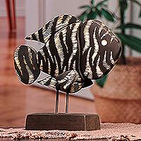 Wood and stainless steel sculpture, 'Black and White Fish' - Hand-Painted Wood Fish Sculpture with Stainless Steel Posts